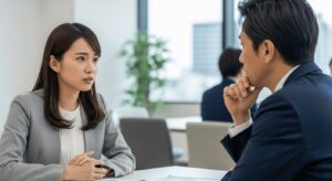 上司に真剣に相談する女性社員