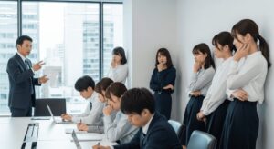 職場の会議で話す中年独身男性を避ける若手社員たち