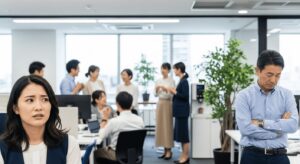 職場で困惑する女性社員と孤立する中年男性