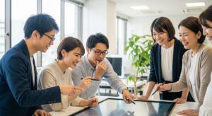 適切な距離で笑顔で協力する同僚たち